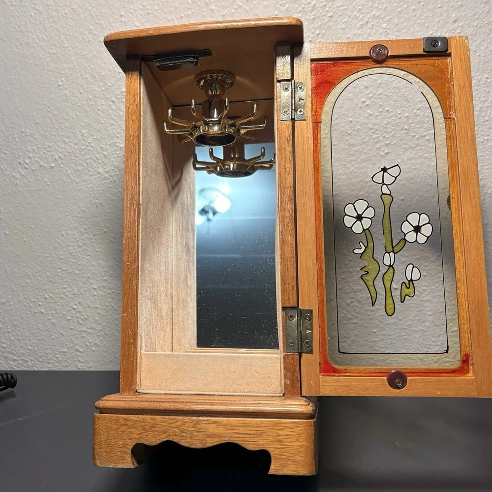 Vintage Brown Wooden Floral Jewelry Box with Glass Door and Compartments